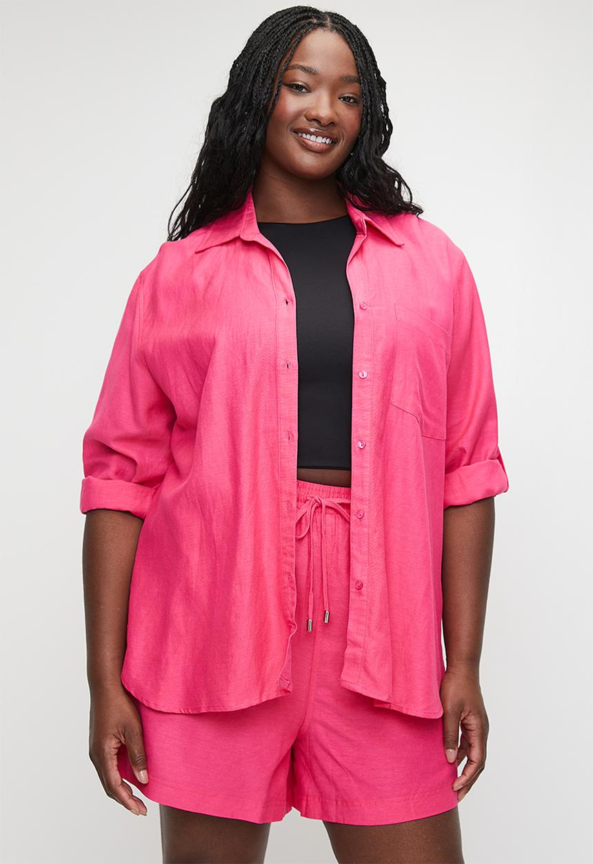 Me&B - Plus Linen One Pocket Shirt  - Pink