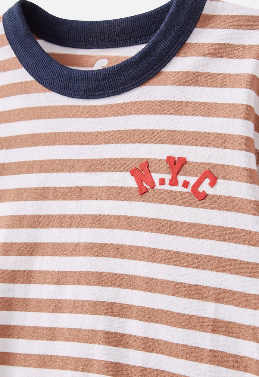 Cotton On - Jonny short sleeve print tee - taupy brown/white stripe n.y.c