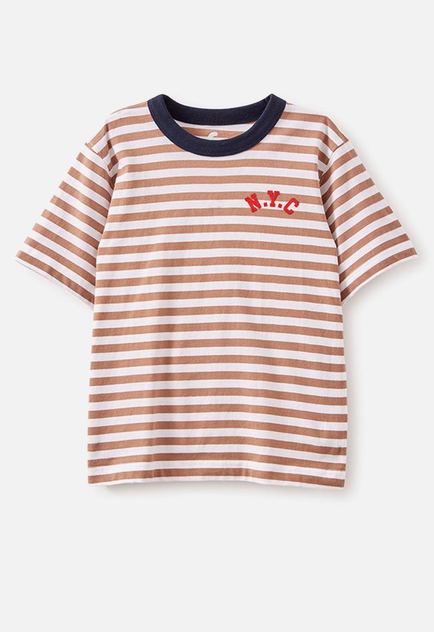 Cotton On - Jonny short sleeve print tee - taupy brown/white stripe n.y.c