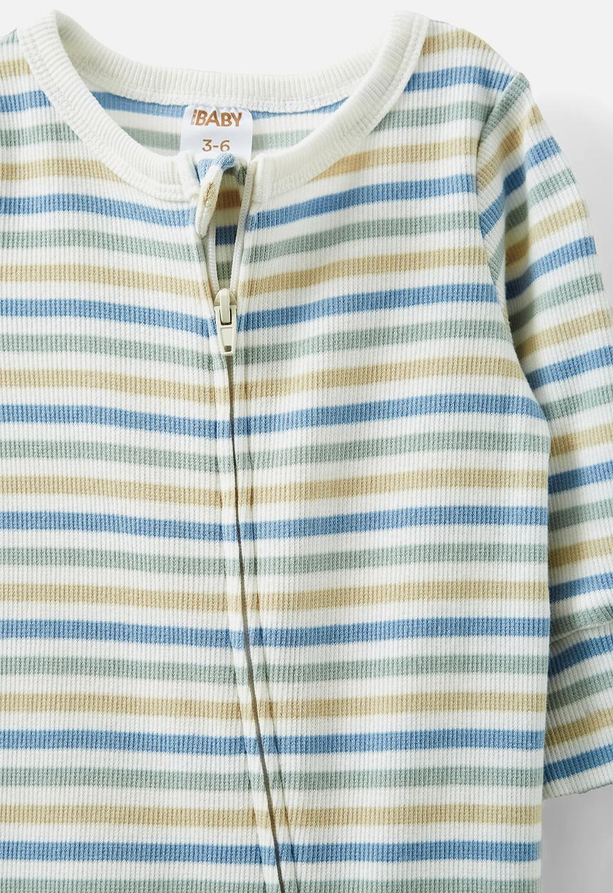 Cotton On - The billie long sleeve rib romper - vanilla-dusty blue/summer stripe