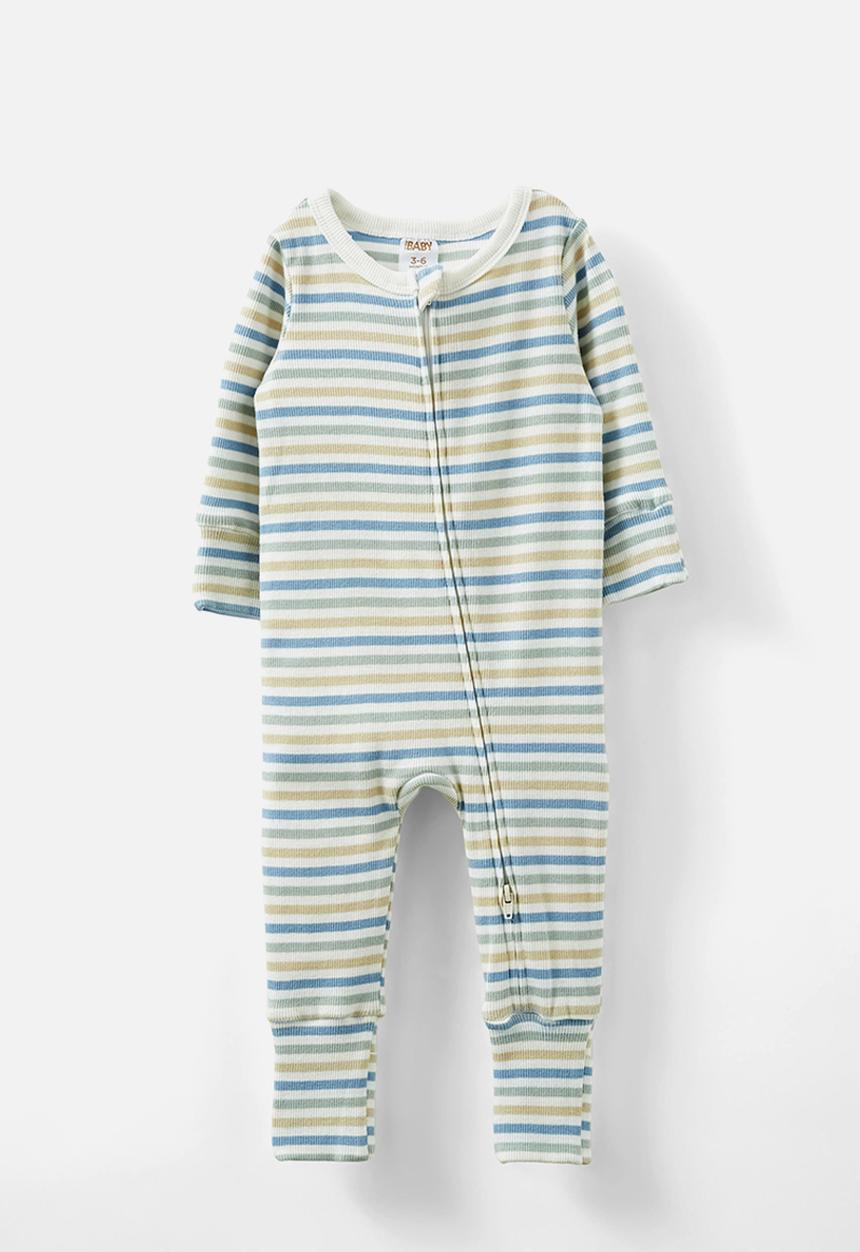Cotton On - The billie long sleeve rib romper - vanilla-dusty blue/summer stripe