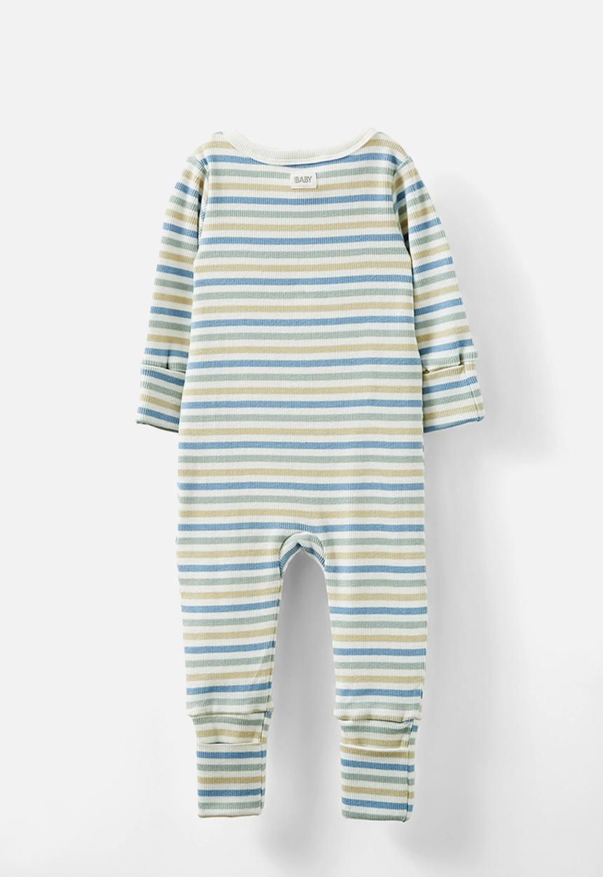 Cotton On - The billie long sleeve rib romper - vanilla-dusty blue/summer stripe