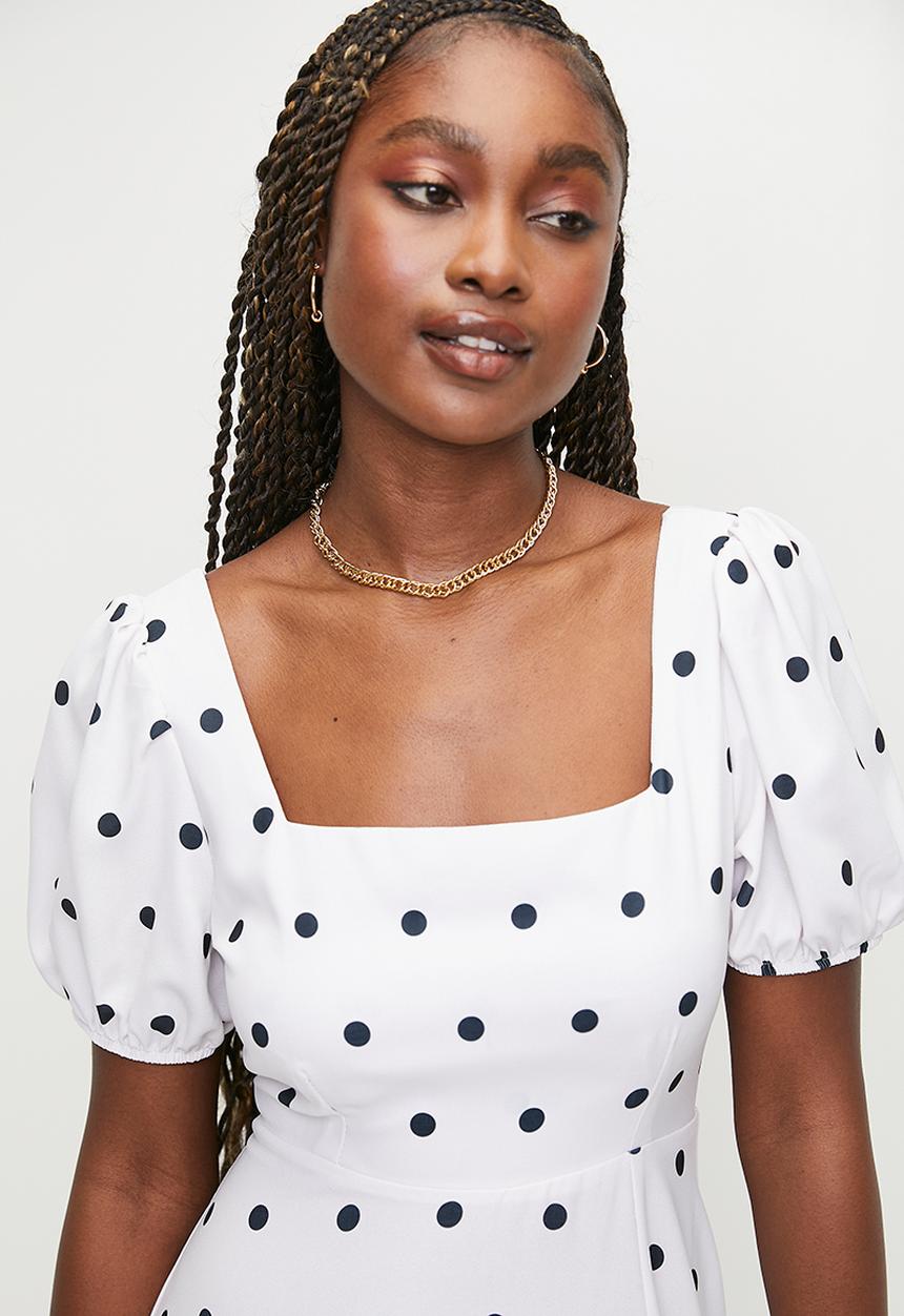 MILLA - Puff Sleeve Fit & Flare Midi Dress - Spot