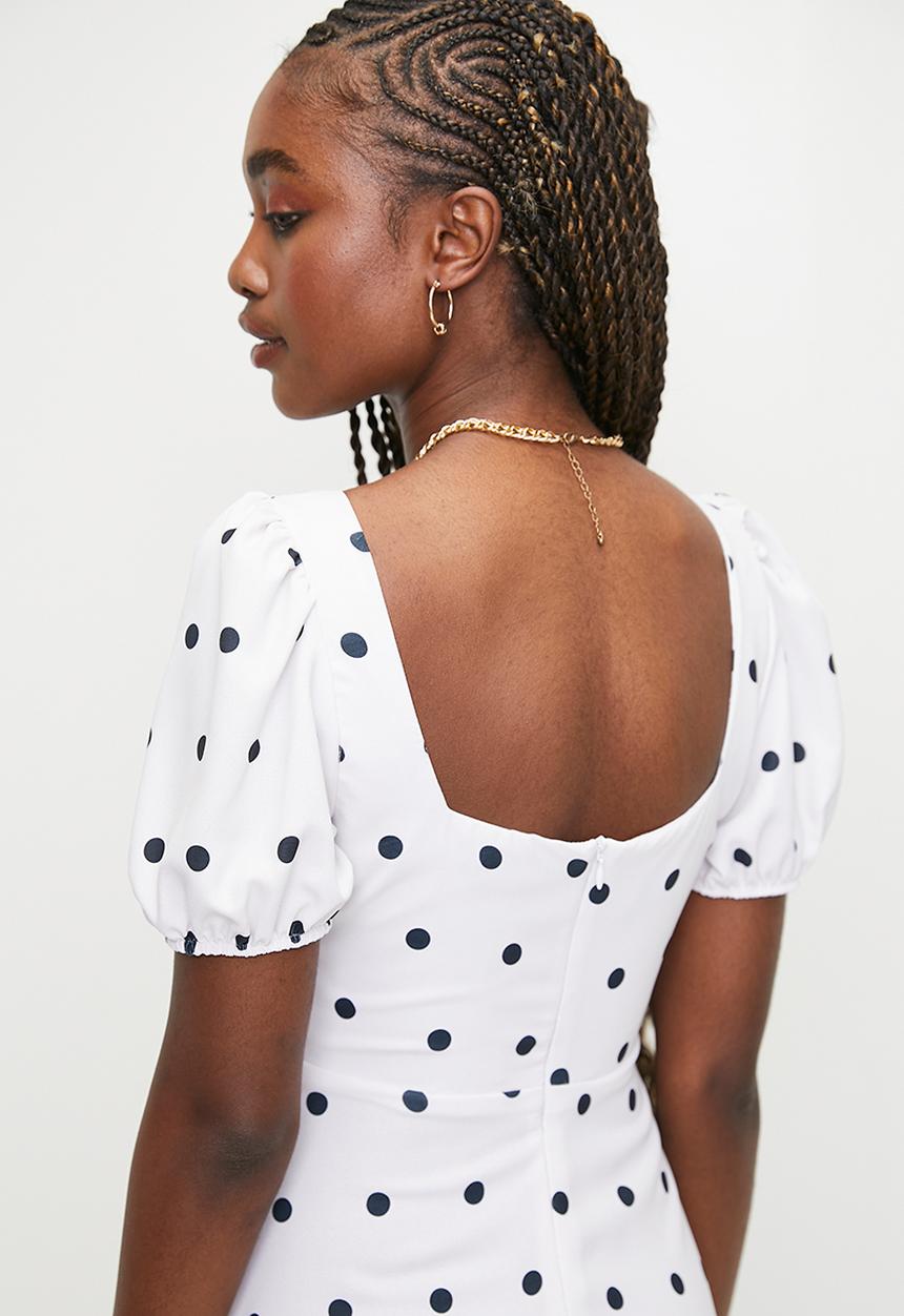 MILLA - Puff Sleeve Fit & Flare Midi Dress - Spot