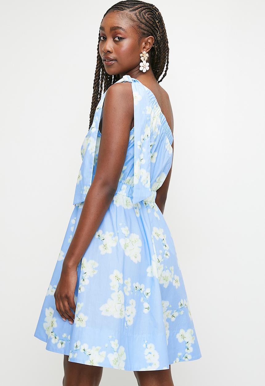 MILLA - Asymmetric Fit & Flare Mini Dress - Soft Blue Snowbell AOP