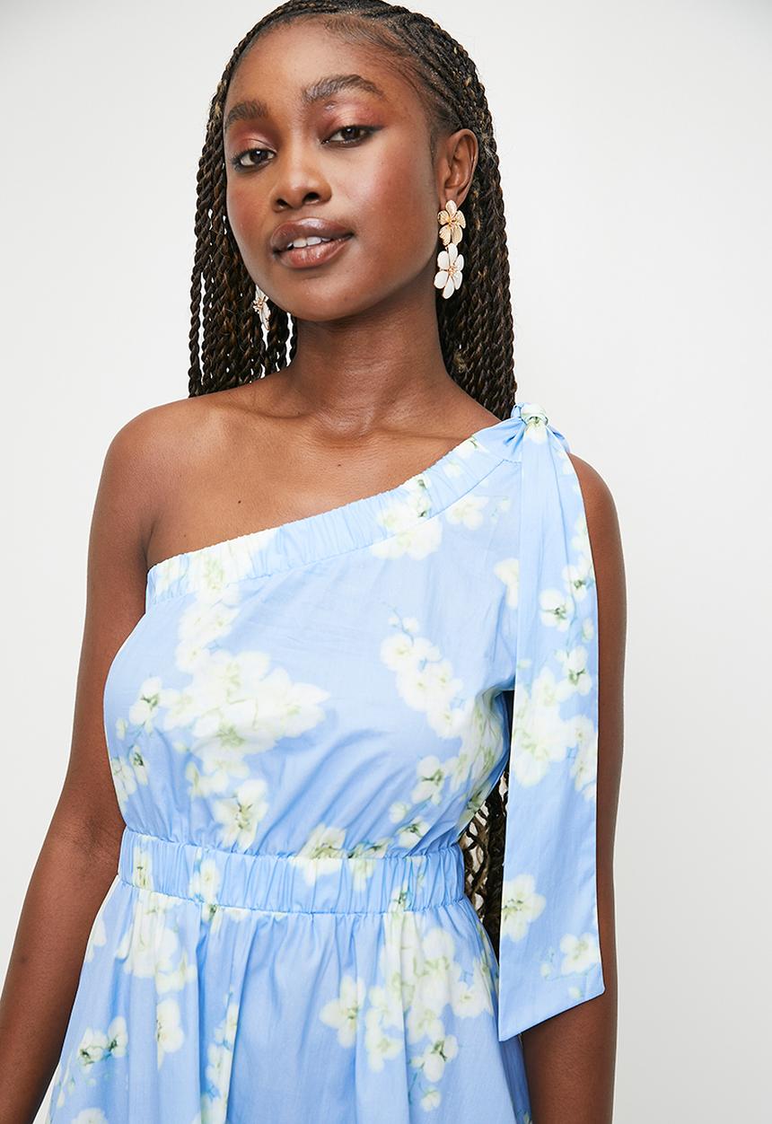 MILLA - Asymmetric Fit & Flare Mini Dress - Soft Blue Snowbell AOP