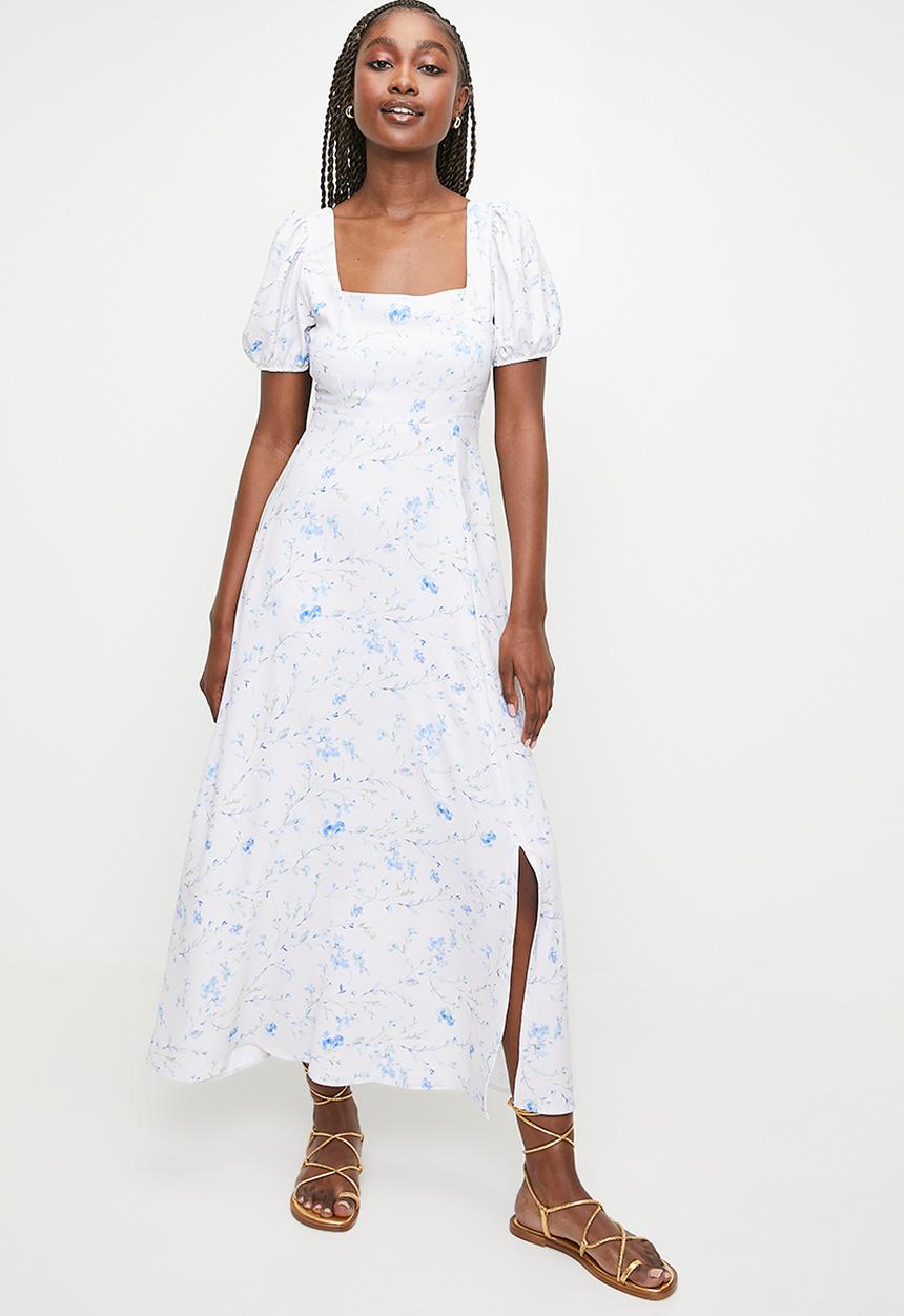 MILLA - Puff Sleeve Fit & Flare Midi Dress - Blue Floral