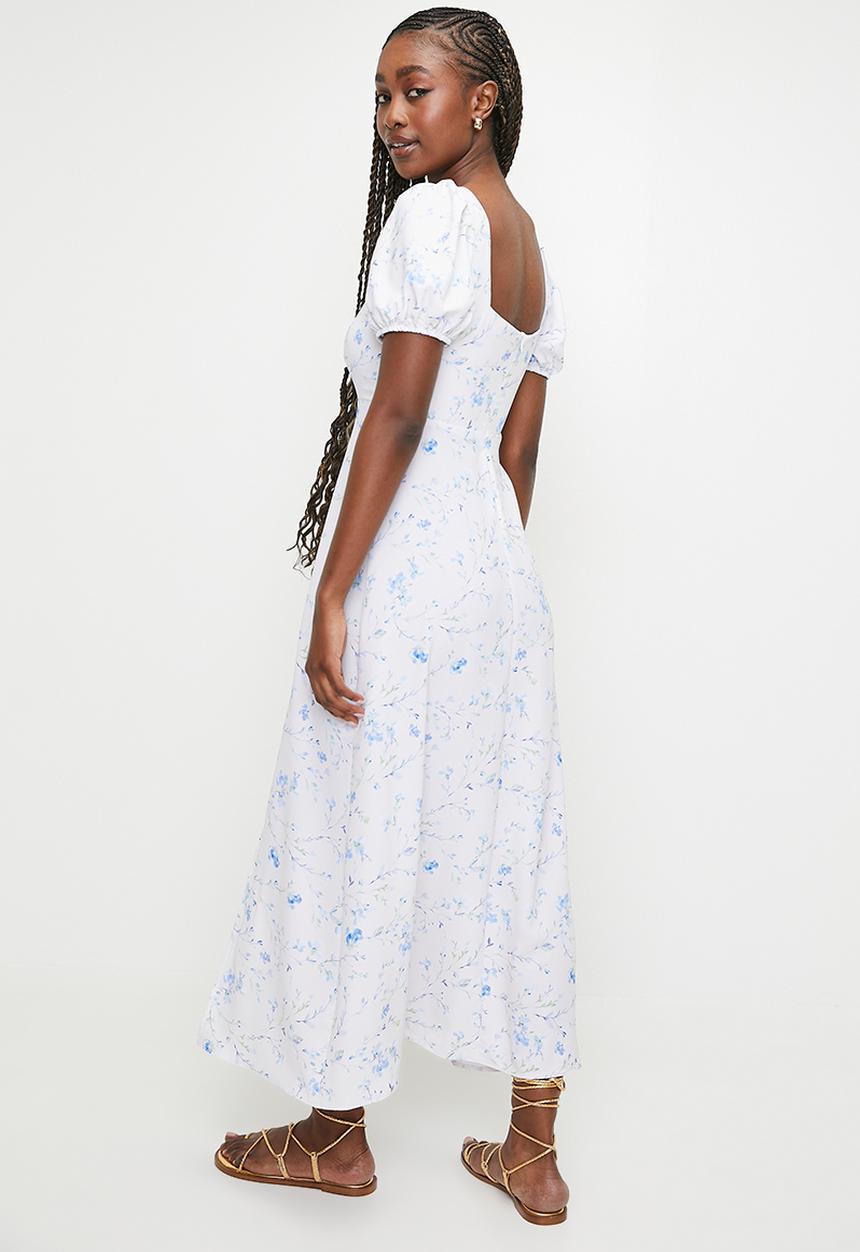 MILLA - Puff Sleeve Fit & Flare Midi Dress - Blue Floral