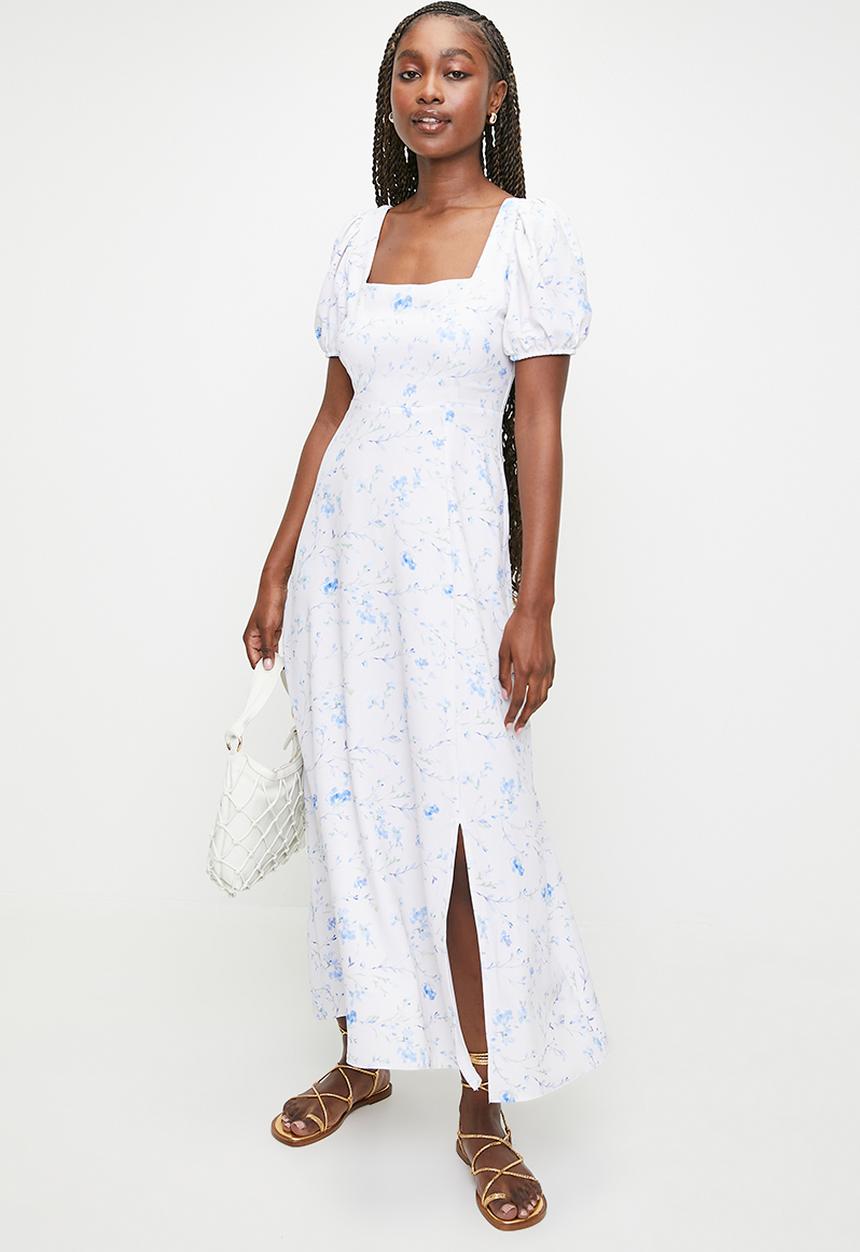 MILLA - Puff Sleeve Fit & Flare Midi Dress - Blue Floral