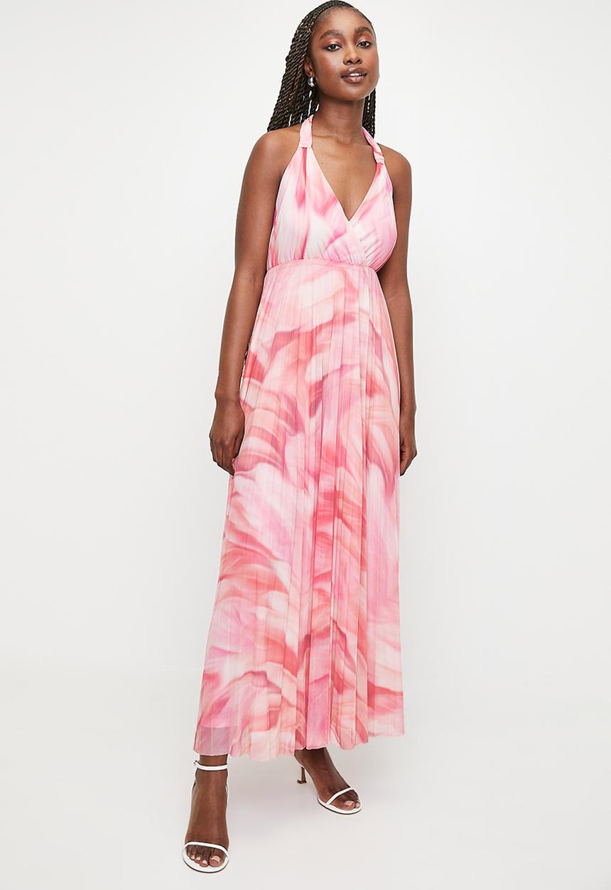 MILLA - Pleated Mesh Dress with Ties - 	Pink Faded feathers