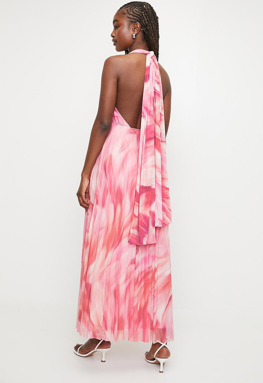 MILLA - Pleated Mesh Dress with Ties - 	Pink Faded feathers