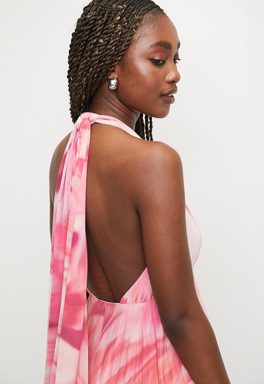 MILLA - Pleated Mesh Dress with Ties - 	Pink Faded feathers