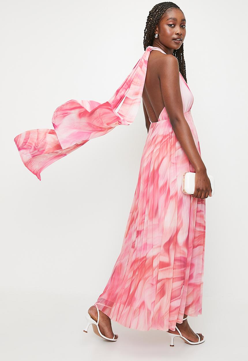 MILLA - Pleated Mesh Dress with Ties - 	Pink Faded feathers