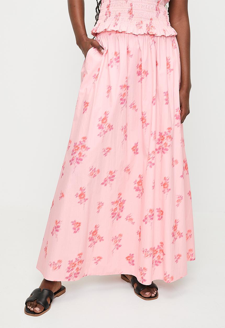 MILLA - Printed gathered waist midi skirt (co- ord)- pink ditsy relief