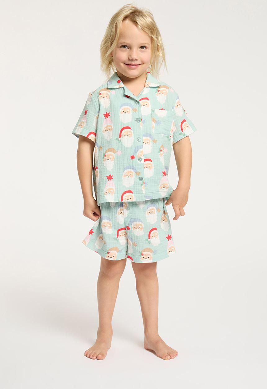 Cotton On - Riley kids unisex short sleeve pyjama set - barber blue/santa faces