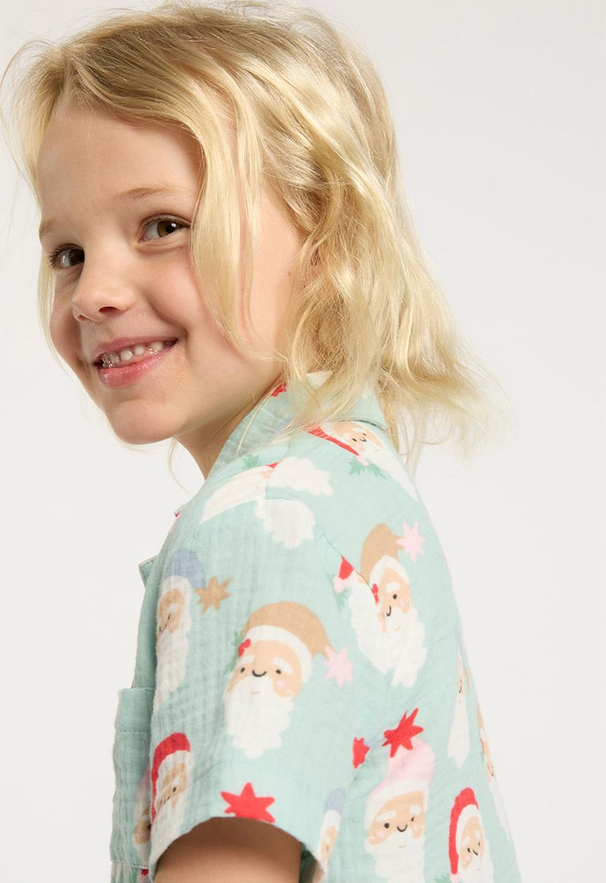Cotton On - Riley kids unisex short sleeve pyjama set - barber blue/santa faces