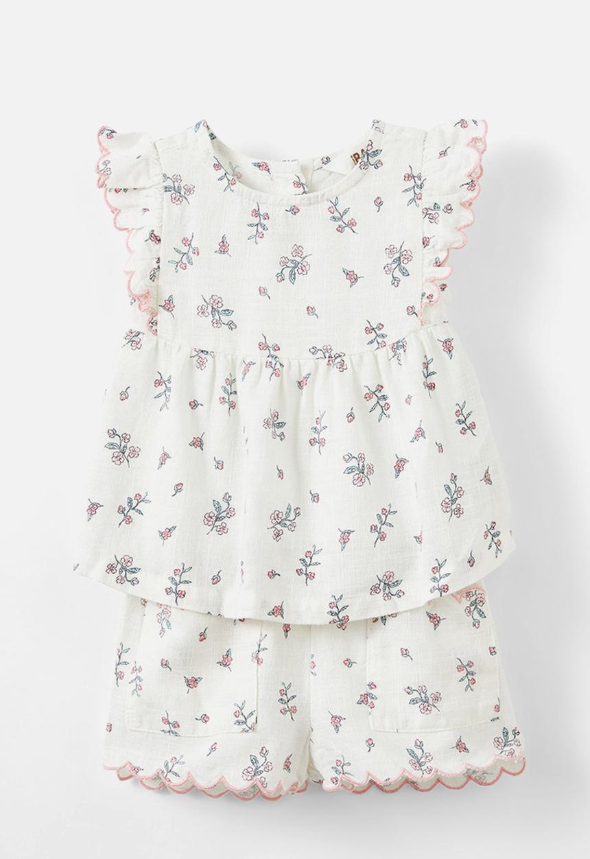 Cotton On - Bessy flutter sleeve top and short set - vanilla/ditsy folk floral