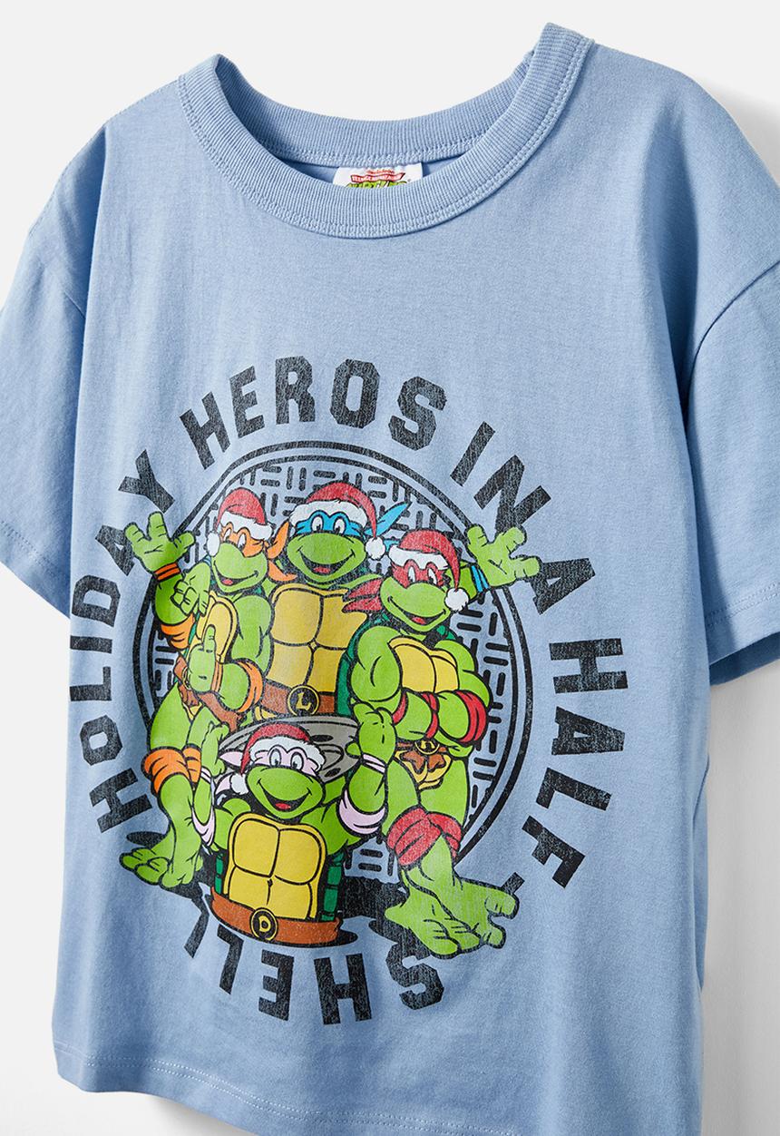 Cotton On - License drop shoulder short sleeve tee - lcn nic dusty blue/tmnt holiday
