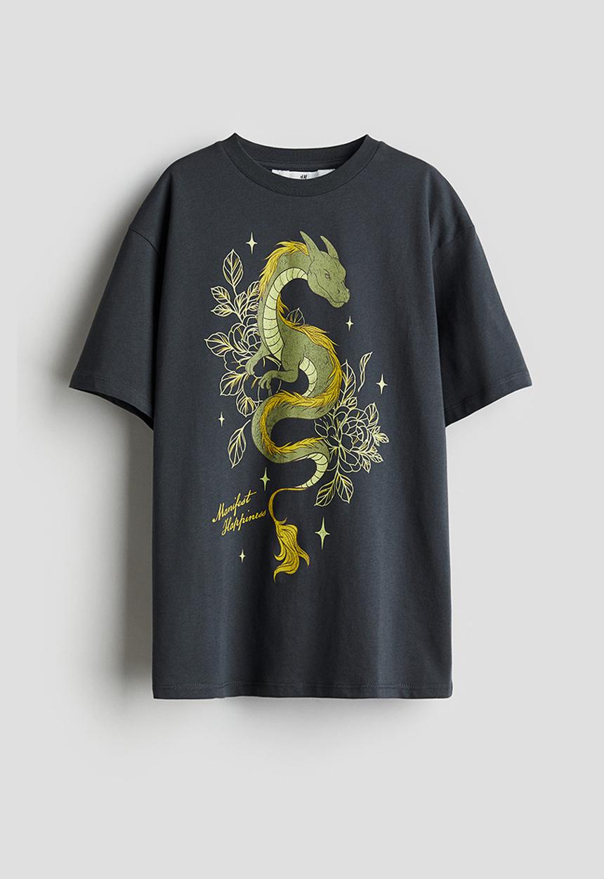 H&M - Oversized printed T-shirt - dark grey dragon