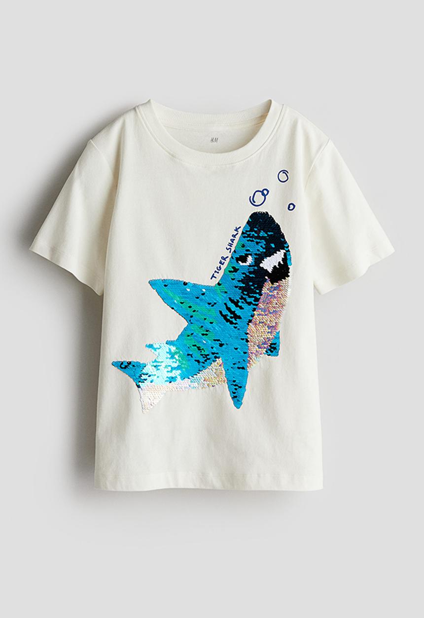 H&M - Reversible-sequin T-shirt - white shark 