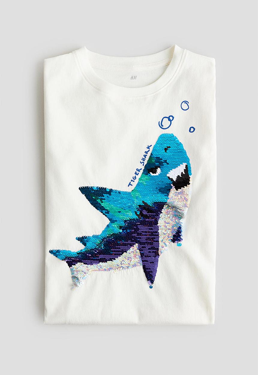 H&M - Reversible-sequin T-shirt - white shark 