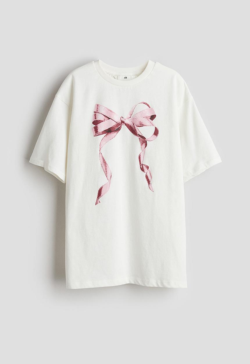 H&M - Oversized printed T-shirt - cream bow