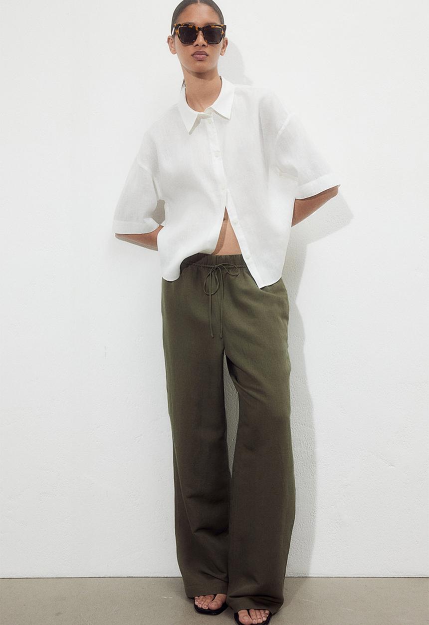 H&M - Linen-blend pull-on trousers - dark khaki green