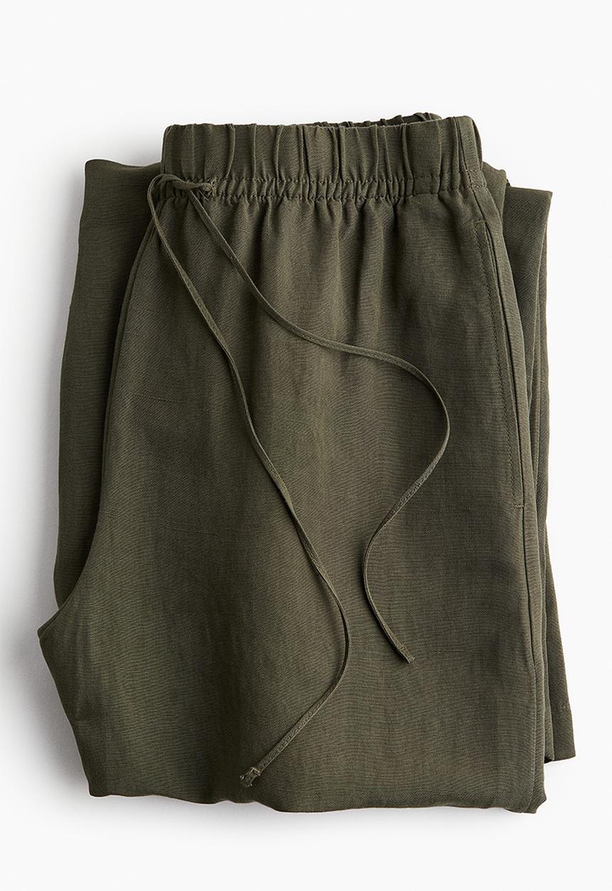 H&M - Linen-blend pull-on trousers - dark khaki green