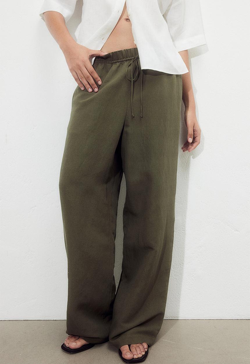 H&M - Linen-blend pull-on trousers - dark khaki green