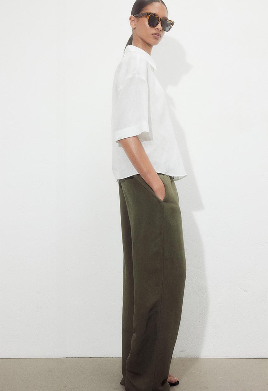 H&M - Linen-blend pull-on trousers - dark khaki green
