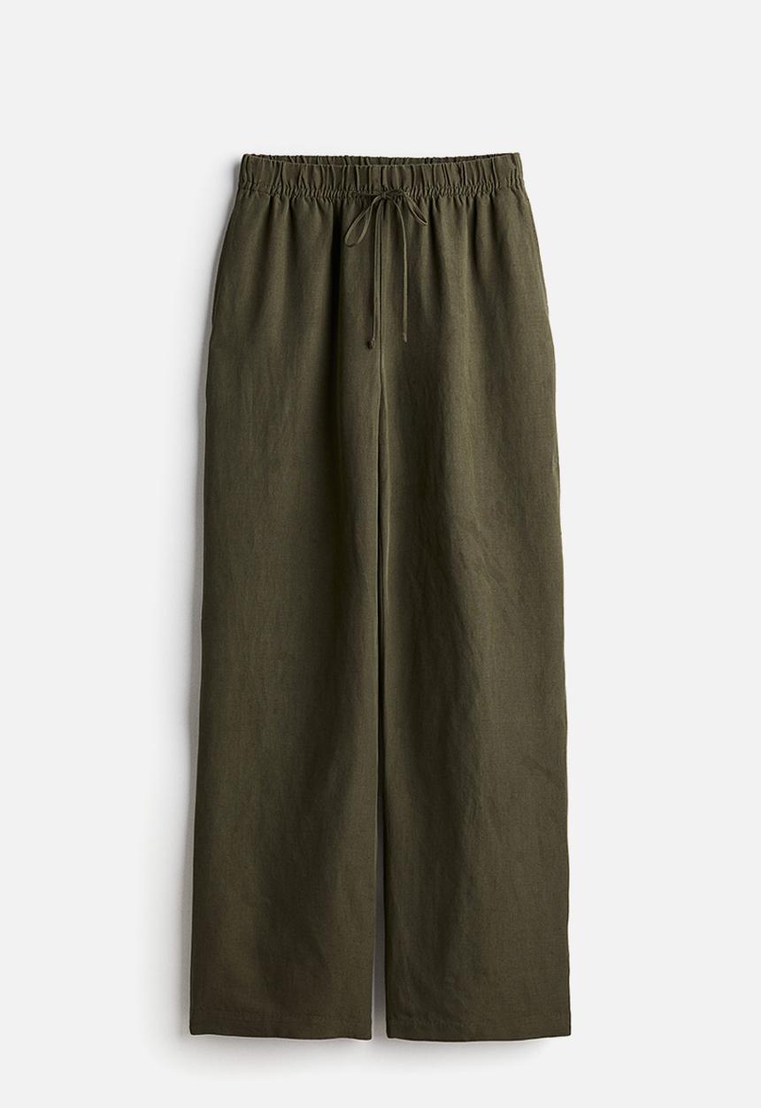 H&M - Linen-blend pull-on trousers - dark khaki green