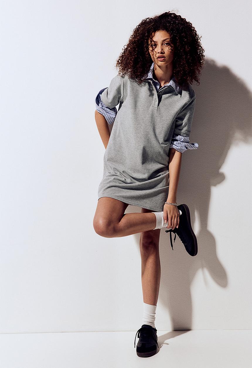 H&M - Collared cotton piqué dress - light grey marl