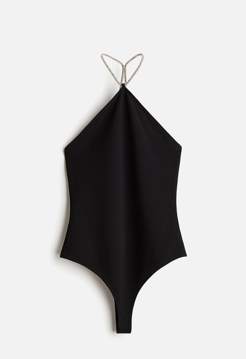 H&M - Rhinestone-strap halterneck body - black