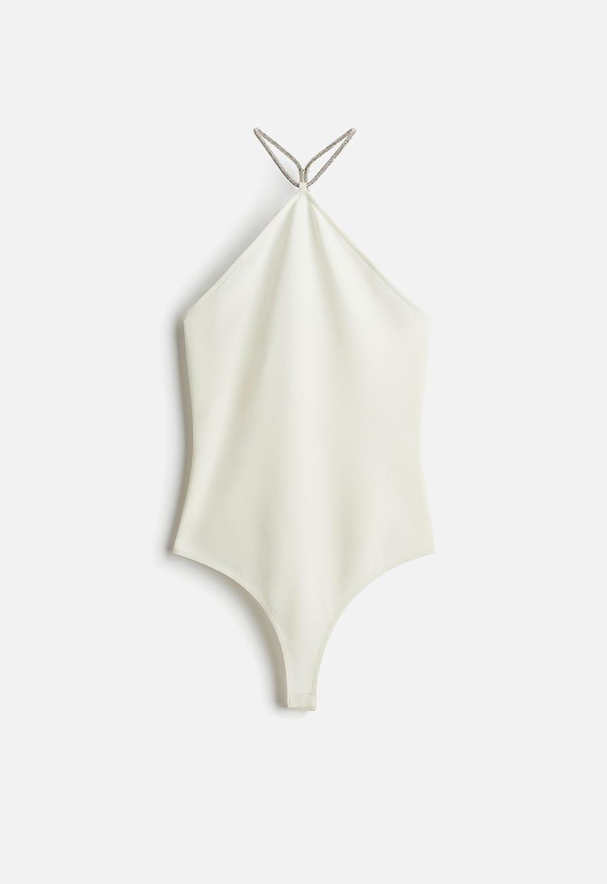 H&M - Rhinestone-strap halterneck body - white,multi
