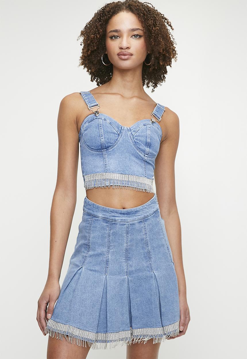 SISSY BOY - Taz: denim skirt with pleats and hem trim  - light vintage