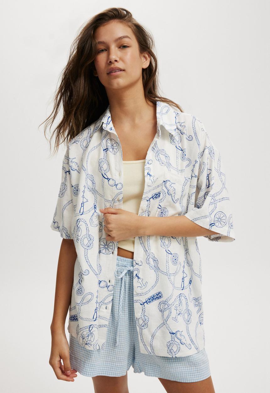Cotton On - Haven Short Sleeve Shirt - Sea Treasure White