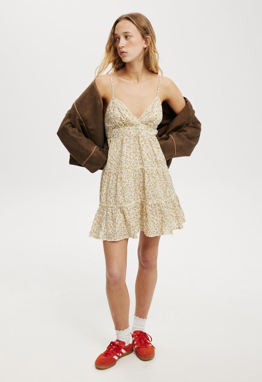 Cotton On - Stella Tiered Mini Dress - Dove Ditsy Buttermilk