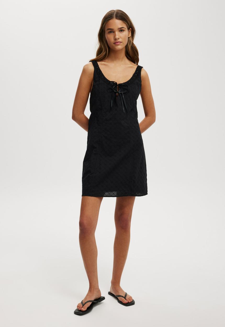 Cotton On - Ribbon Broderie Mini Dress - Black