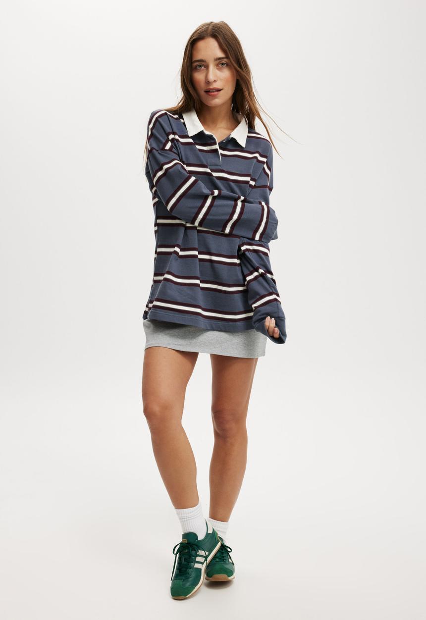Cotton On - Oversized Long Sleeve Polo - Slate Blue Stripe