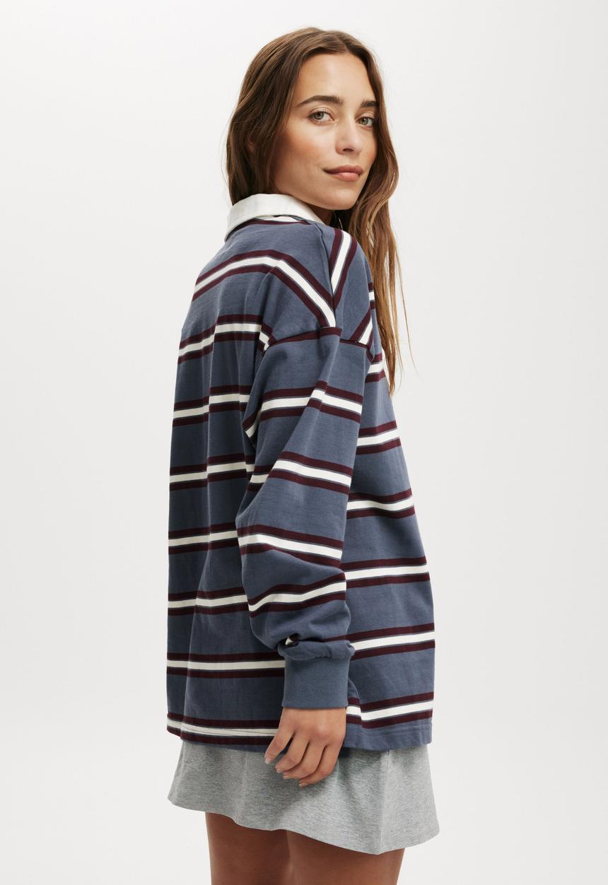 Cotton On - Oversized Long Sleeve Polo - Slate Blue Stripe