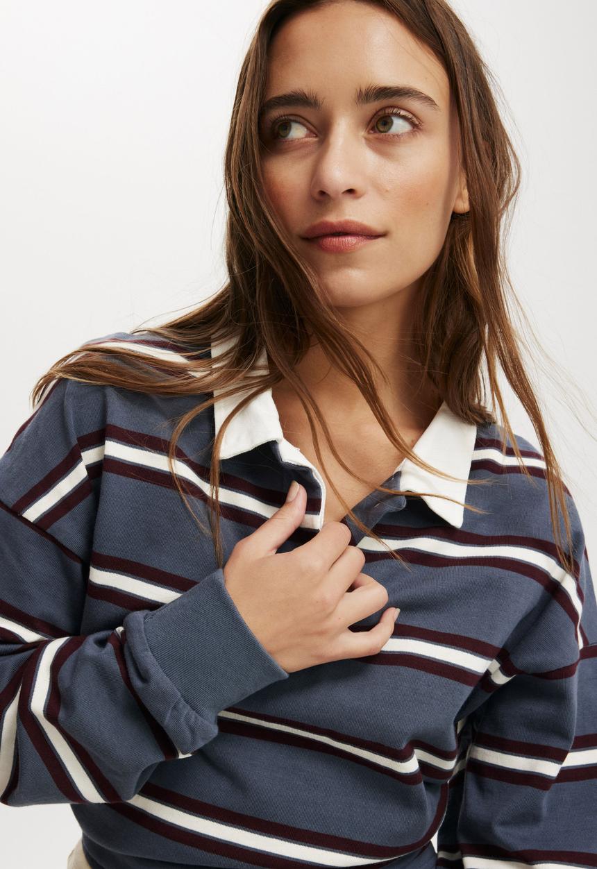 Cotton On - Oversized Long Sleeve Polo - Slate Blue Stripe