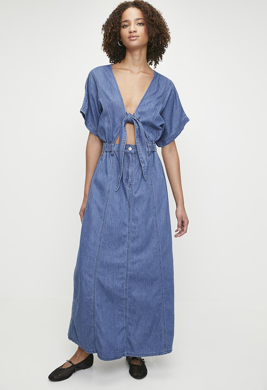 Me&B - Tie front lucy denim dress - med denim