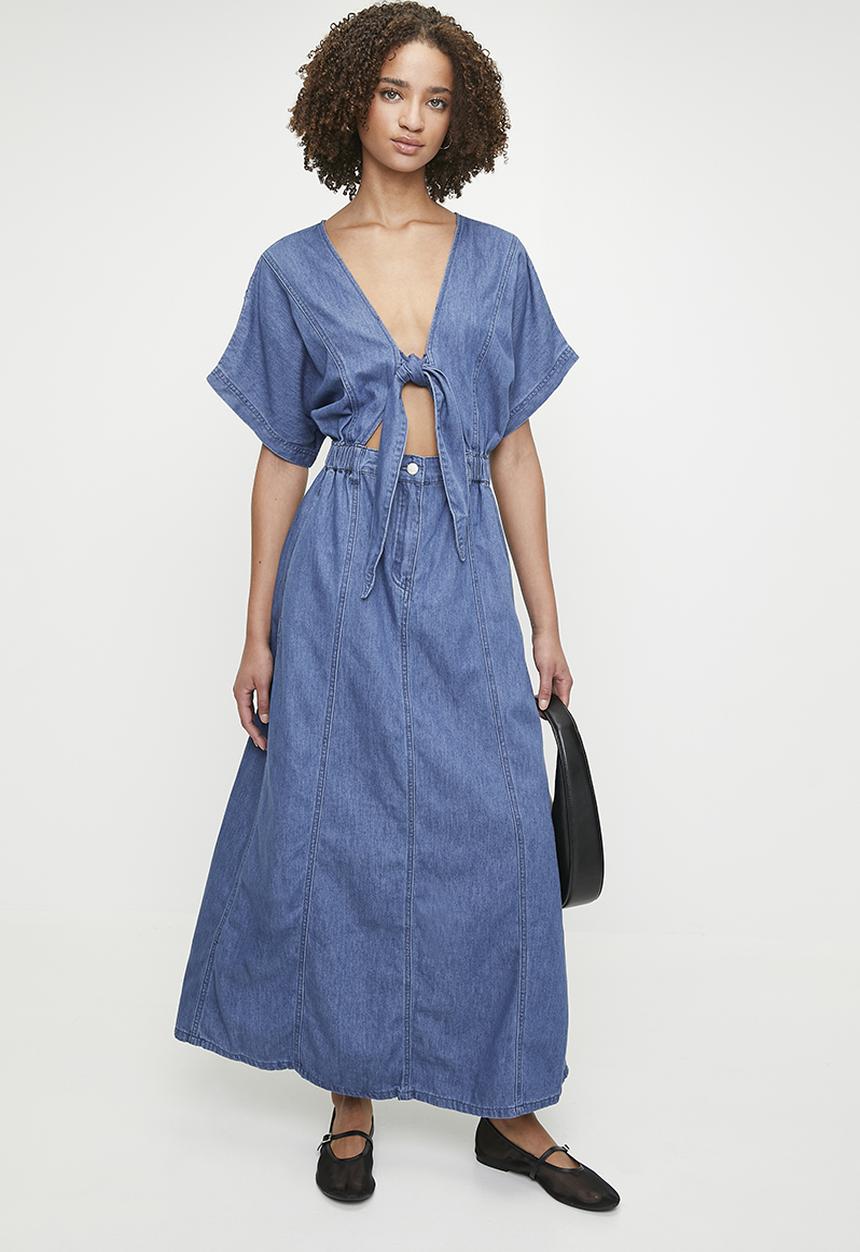 Me&B - Tie front lucy denim dress - med denim