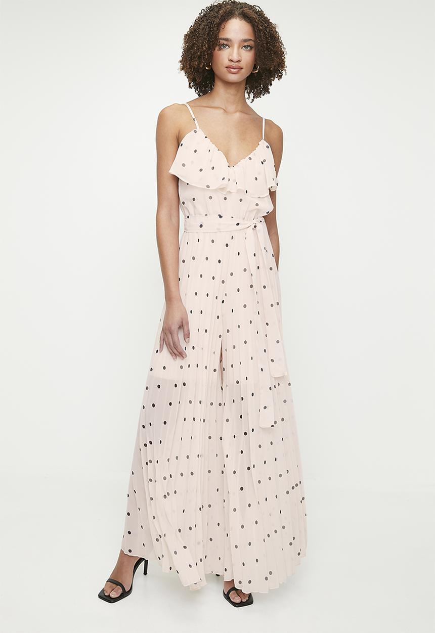 MILLA - Ruffle wide leg pleated jumpsuit - Ecru Black Mini Spot