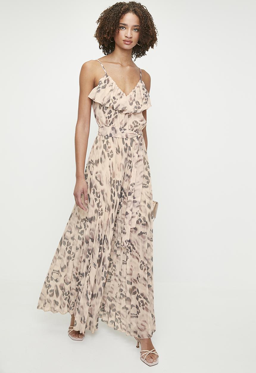 MILLA - Ruffle wide leg pleated jumpsuit - Natural Watery Leopard