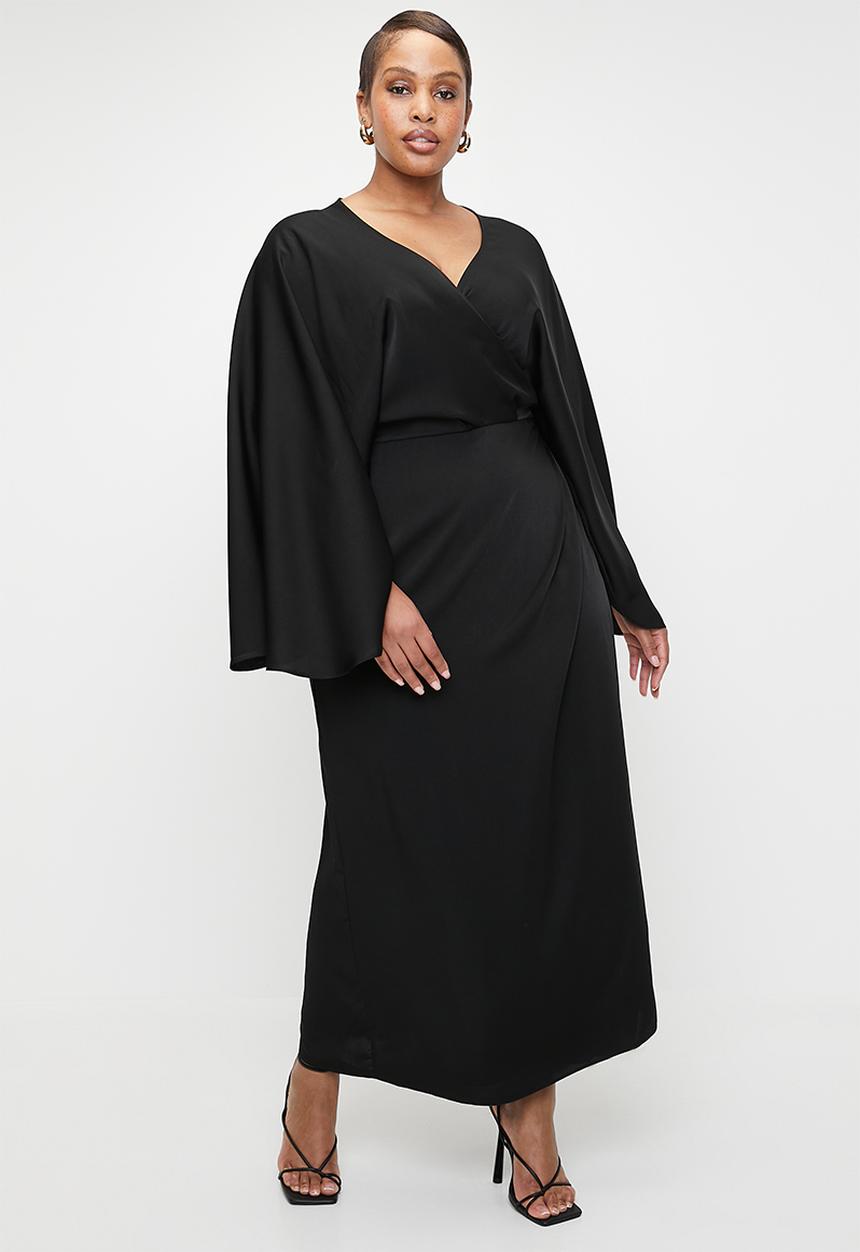 VELVET - Cape Sleeve Wrap Midi Dress - Black