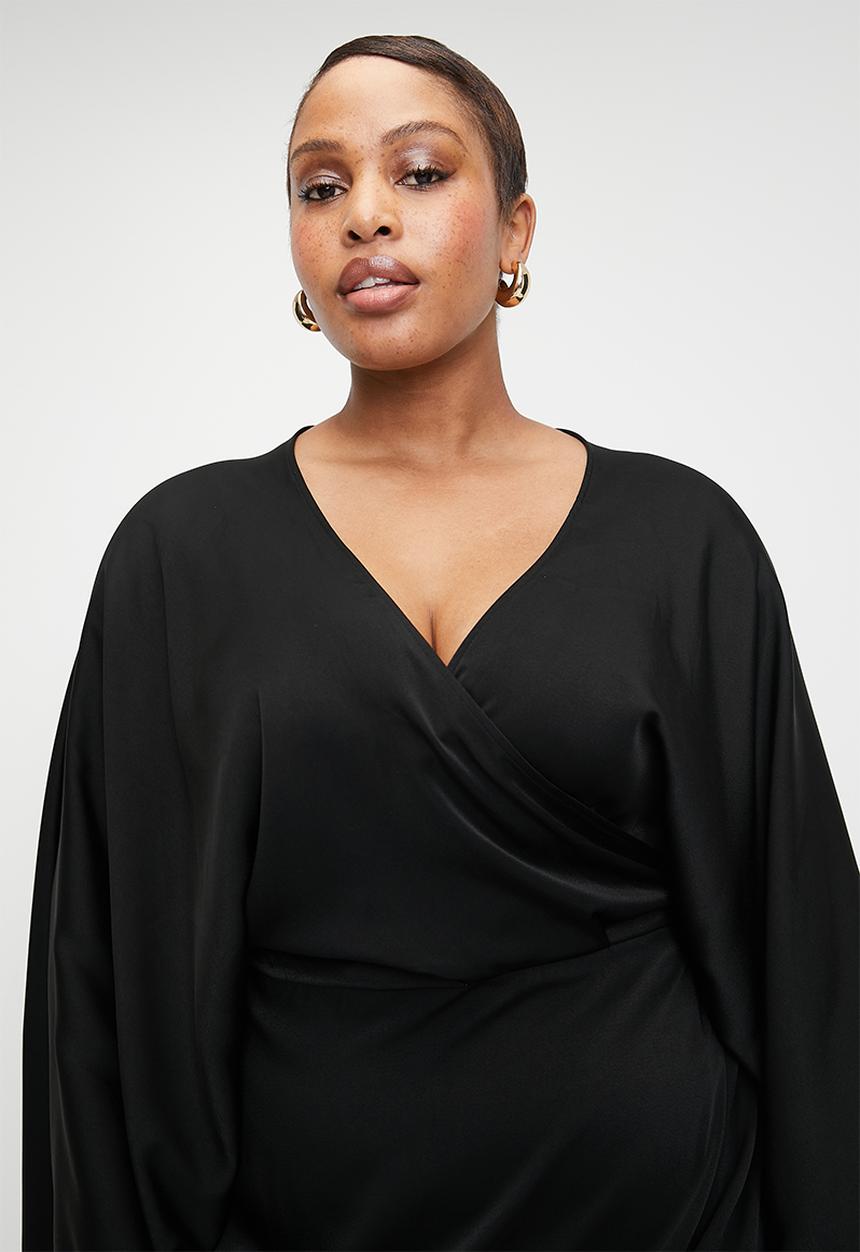 VELVET - Cape Sleeve Wrap Midi Dress - Black