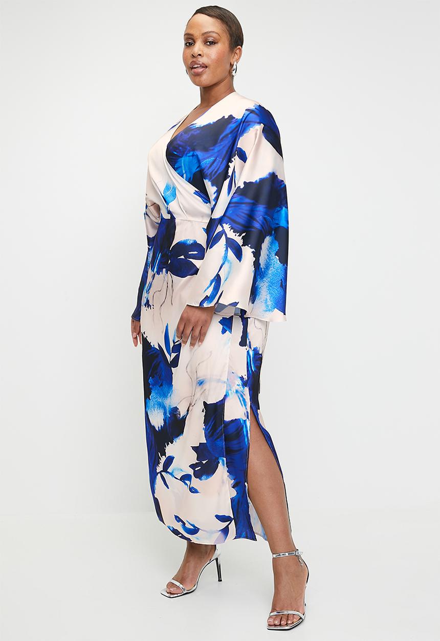 VELVET - Cape Sleeve Wrap Midi Dress - Blues Watercolour Leaf