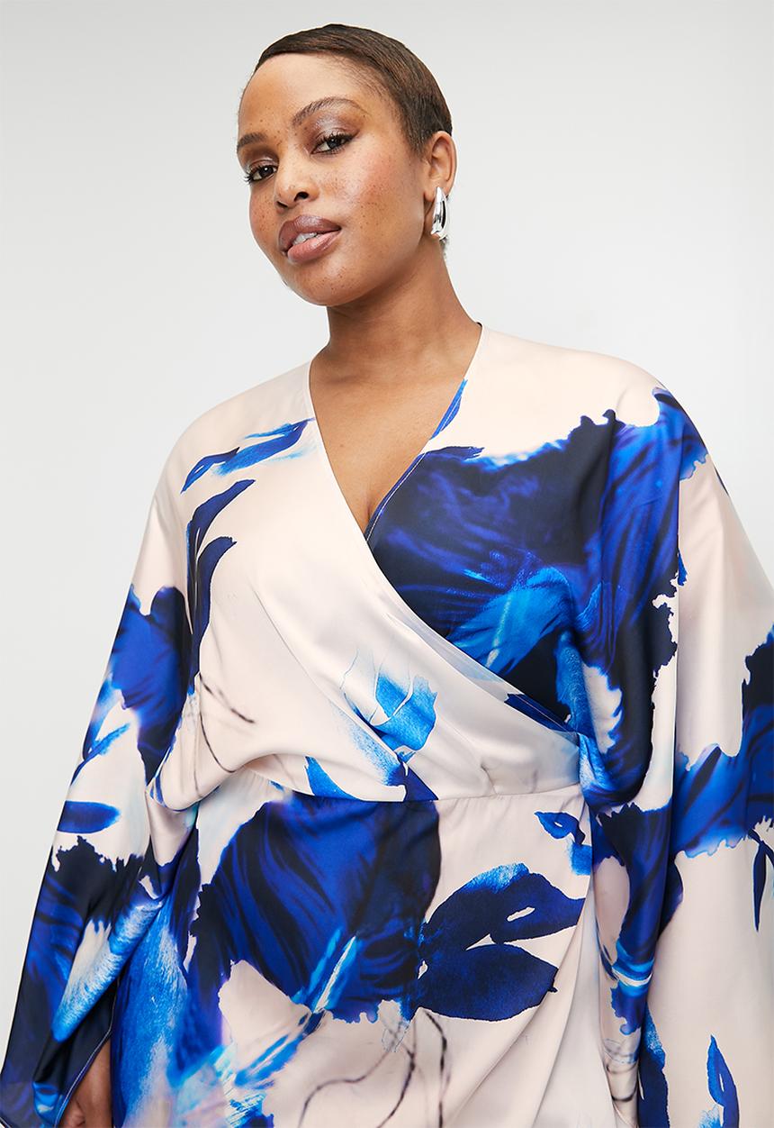 VELVET - Cape Sleeve Wrap Midi Dress - Blues Watercolour Leaf
