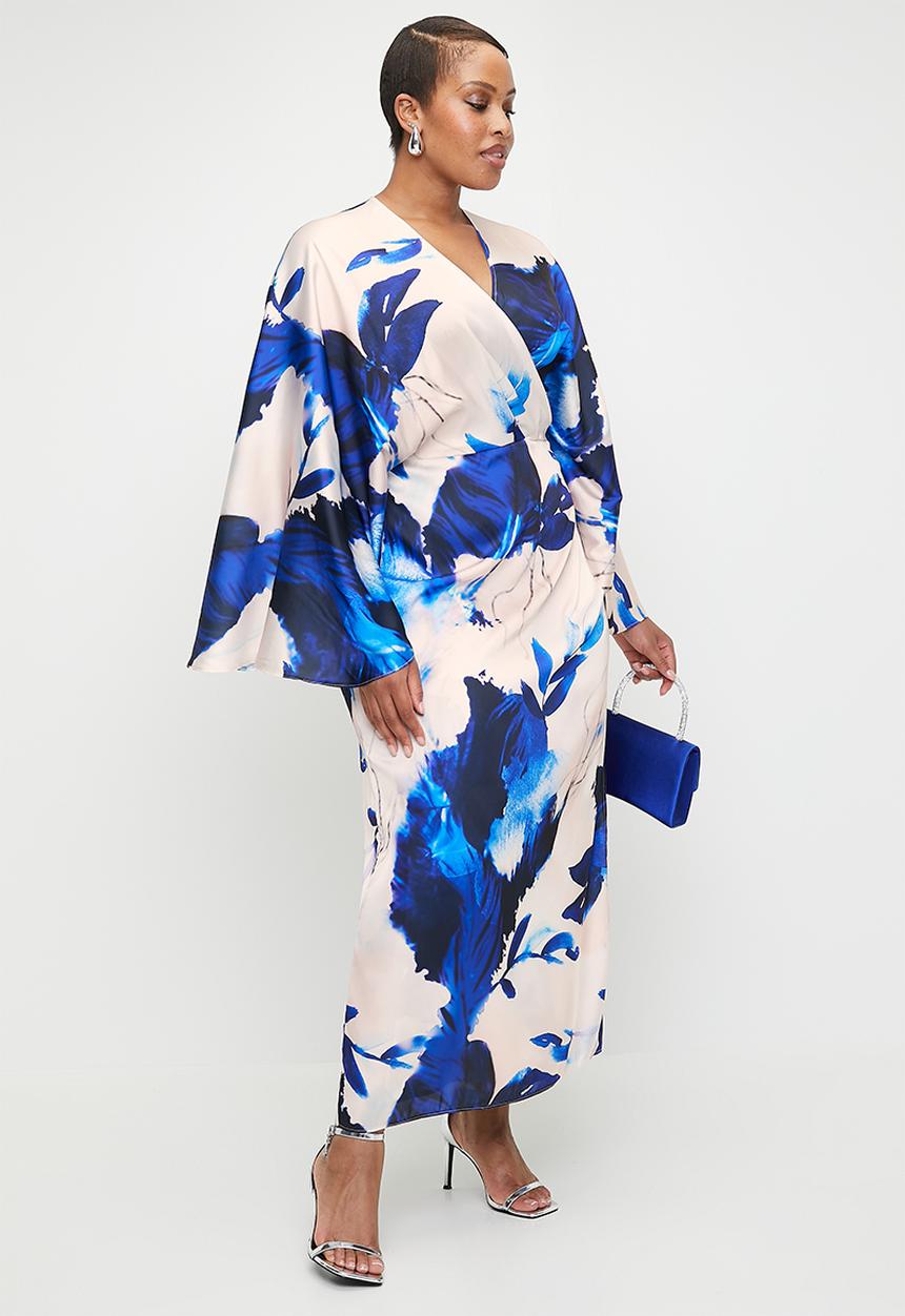 VELVET - Cape Sleeve Wrap Midi Dress - Blues Watercolour Leaf